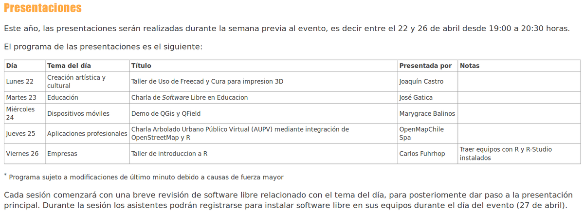 flisolvaldivia's tweet photo. Ya está publicado el programa de las presentaciones en la previa del #FLISOL2019 #valdiviacl (22 a 26 de abril de 19:00 a 20:30) en #IngenieríaUACh @FCIUACh @UAustraldeChile Gracias @openmapchile #LeufüLab y a los demás presentadores por su apoyo. ¡No te las pierdas! https://t.co/PyXNxIDMLZ