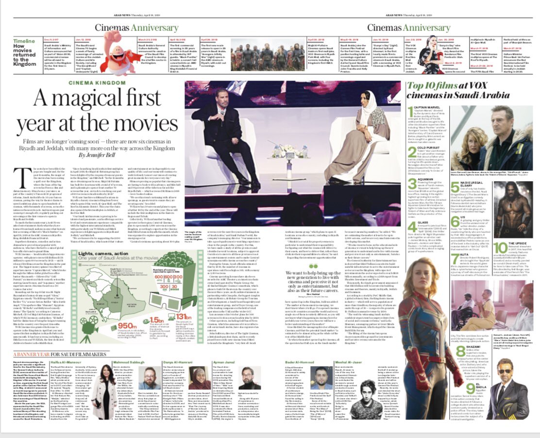 FaisalJAbbas's tweet photo. Today @arabnews celebrate the 1st anniversary of re-opening cinemas in Saudi Arabia — another creative masterpiece of a wrap by the one and only @simonkhalil75 https://t.co/Task5WAPHc