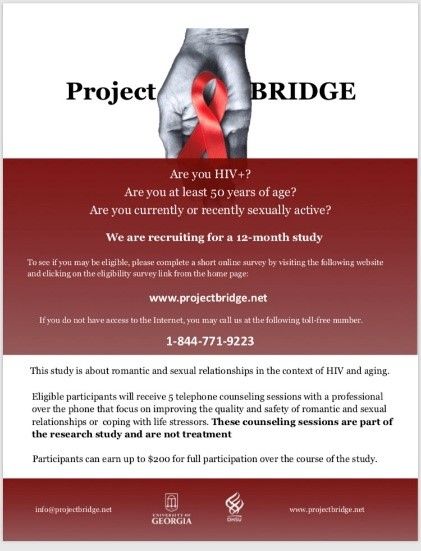 Are you #HIVpositive and over the age of 50? Are you currently #sexuallyactive? Project Bridge is recruiting participants for their study and if selected you can earn some money. Review the information on the flyer for more information! #Awareness #Study