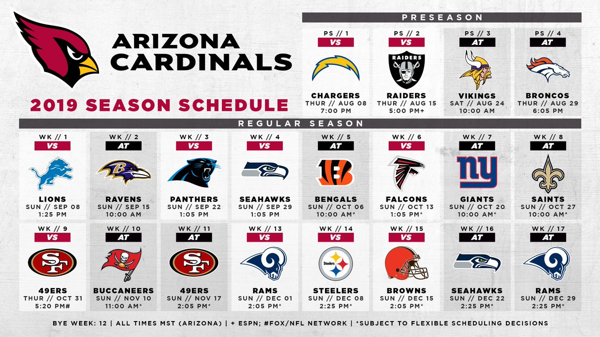 Arizona Cardinals On Twitter: "The #Azcardinals 2019 Schedule Is Officially Here! 📝: Https://T.co/Iocgqqv7Iz Https://T.co/Ipd4Rbyrot" / Twitter