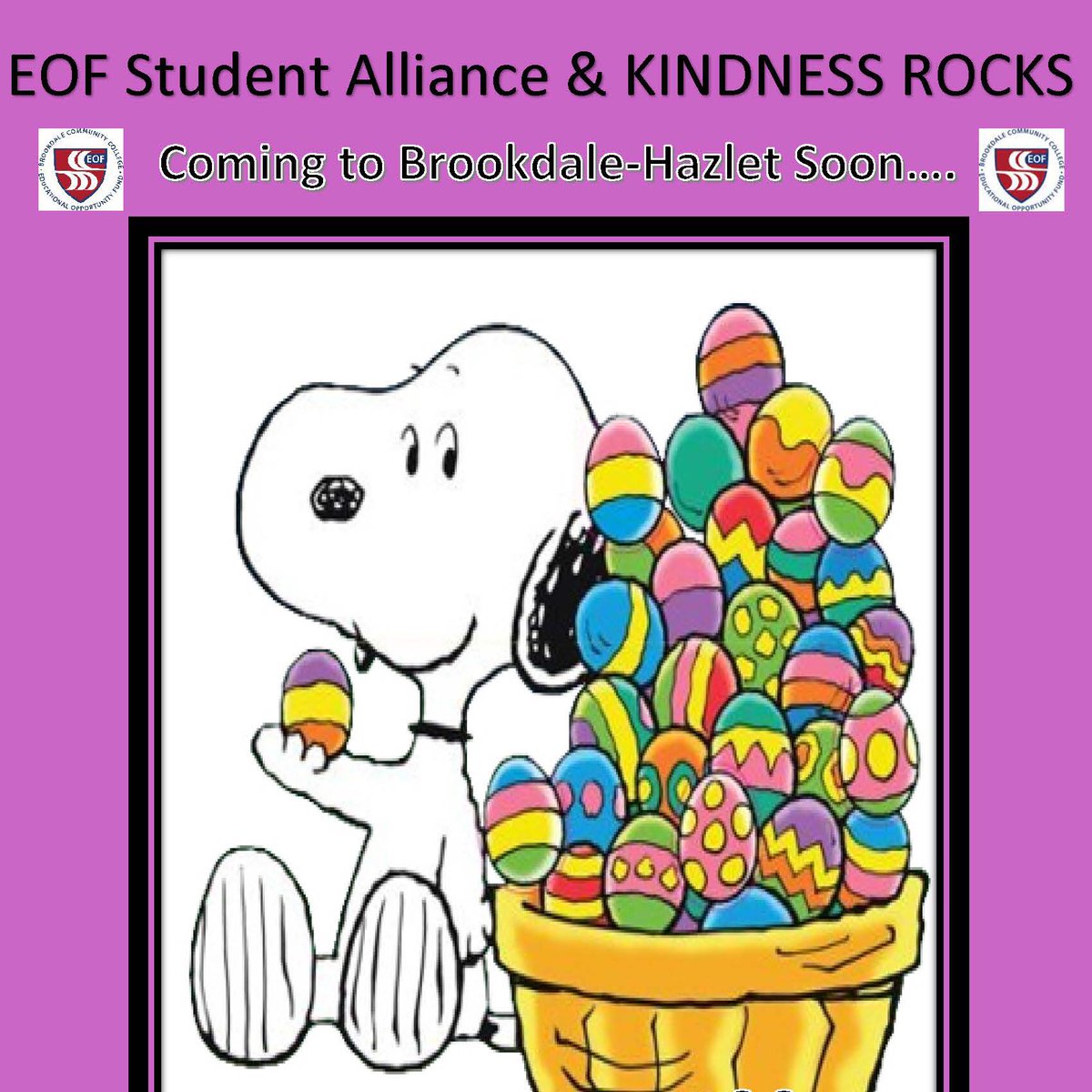 BrookdaleCC_EOF's tweet photo. #EOFSA will be bringing #KindnessRocks to @BrookdaleCCNews #Hazlet tomorrow during #CollegeHour!  Meet the group there, or join them at the #SLC 1st Floor at 11:20 a.m. to ride on the van!  Paint, decorate 🎨 &amp; spread the kindness!  #BrookdaleROCKS #KindnessStartsAtBrookdale ☮️ https://t.co/K0uGsZKMdo