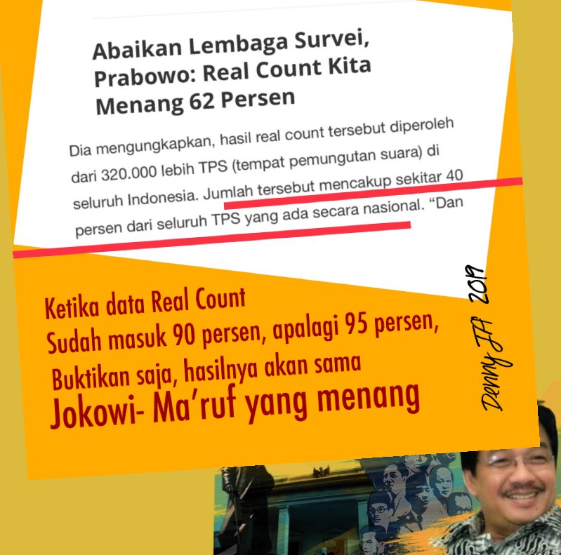 DennyJA_WORLD's tweet photo. Ketika data Real Count yang dihitung Tim Prabowo sudah mencapai 90 persen, apalagi 95 persen, hasilnya akan sama: Jokowi Ma’ruf menang! Data 40 persen belum bisa menyimpulkan apa apa. Ini matematika tingkat paling elementer. https://t.co/K0Zx4wzpHs