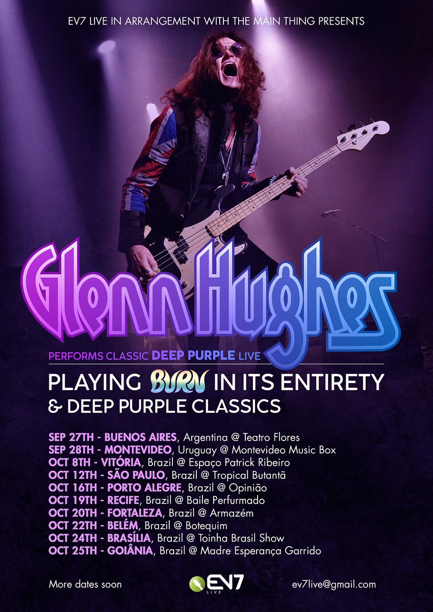 SOUTH AMERICA 🔛 I'll see you in September & October #ARGENTINA 🇦🇷 #URUGUAY 🇺🇾 #BRAZIL 🇧🇷 #GlennHughesPerformsClassicDeepPurpleLive 🔥 #Burn Details @ bit.ly/2VTaDq7