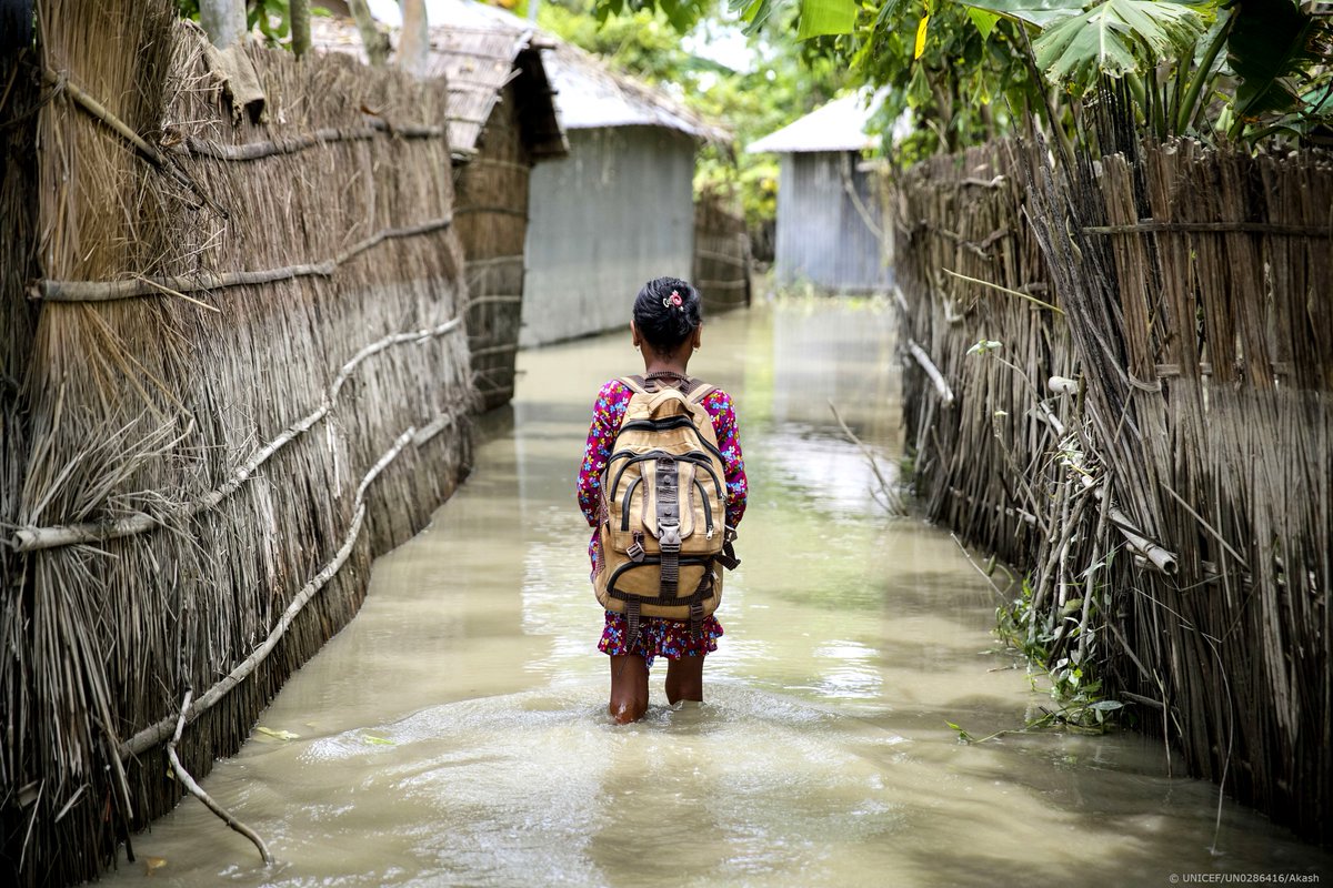 UNICEF's tweet photo. In Bangladesh, #ClimateChange is having a devastating impact on children.

Uprooted from their homes, forced into child marriage or exploitative labour, missing out on education and good nutrition, children will fail to fulfil their potential unless we act now. https://t.co/mGLEVCGw86