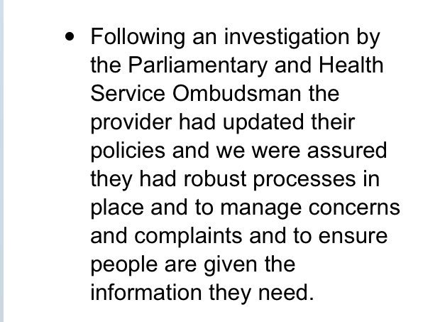 Bunn4Justice's tweet image. 28 day Notice to Quit served WITHOUT WARNING when I raised concerns. #CQC gave Care Home a GOOD Rating with this vague statement on p12 after @PHSOmbudsman said they failed to properly consider mum’s dementia or act in line with #NHSValues WHY?  #JusticeForPatsy  #HumanRights