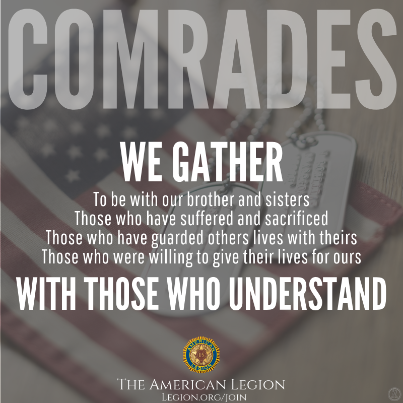 BeckyLaumann's tweet photo. When our time in service ends, we soon know something is missing. Our #comrades who, like us, agreed to give everything, up to &amp; including their lives. With our comrades, we are whole. The @AmericanLegion is home for you &amp; your comrades. Join today. https://t.co/QihcUNGydy https://t.co/CA8FTfTb2U