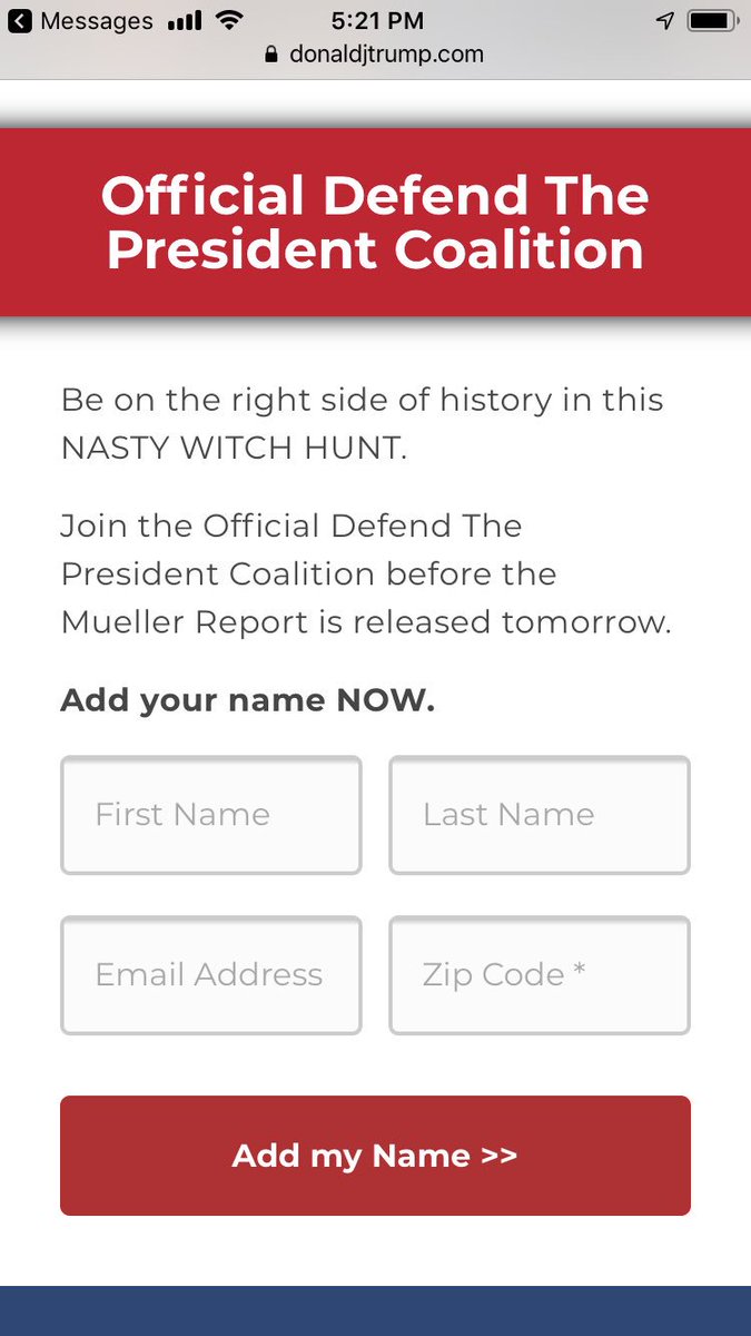 Not sure what 1M citizens “standing with the President” in a symbolic, digital way actually accomplishes. Besides of course striving to increase emotional loyalty of his followers.  #NASTYWITCHHUNT