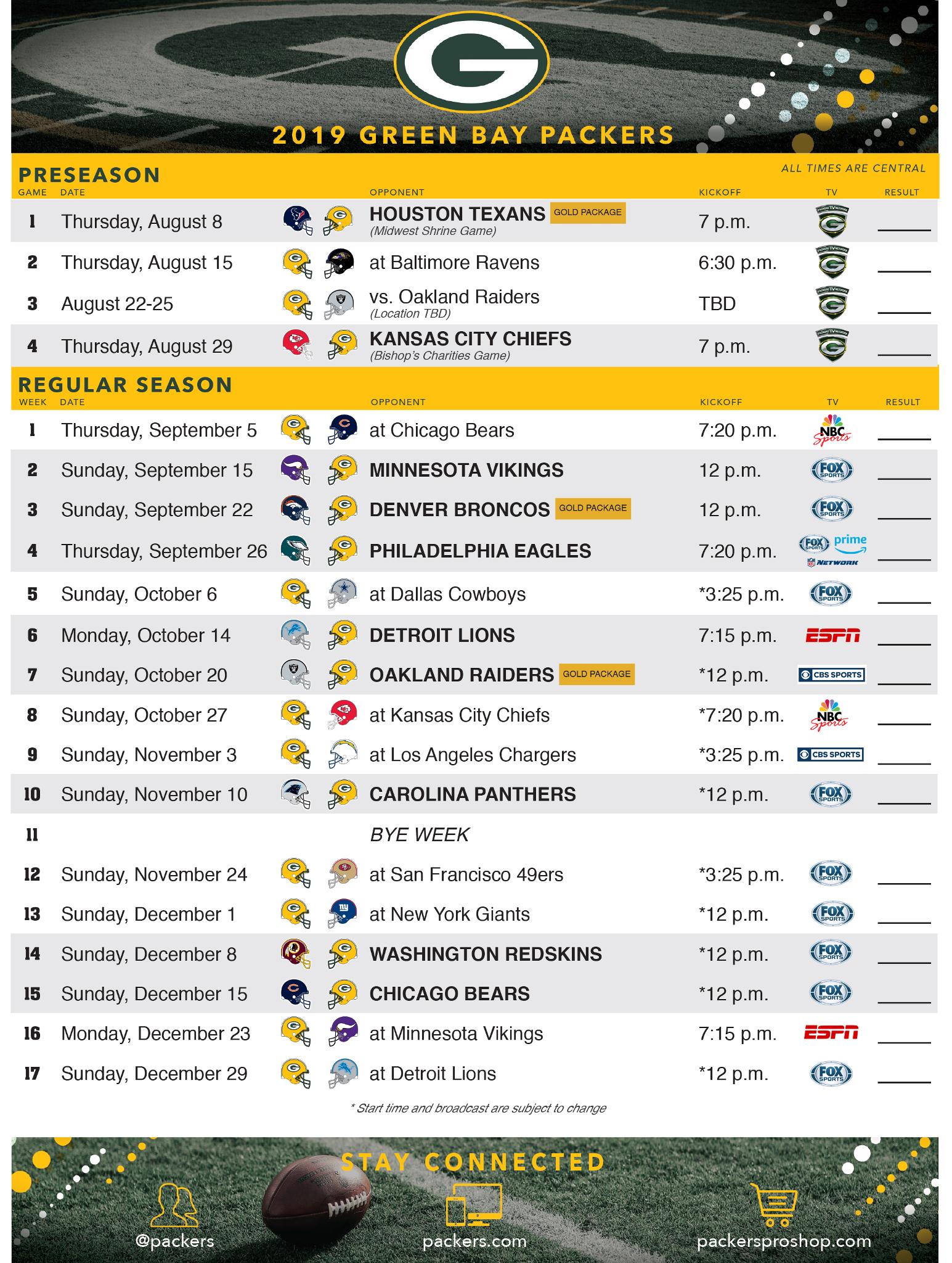 Green Bay Packers Schedule 2022 Printable Green Bay Packers On Twitter: "Here's A Printable Version Of Our 2019  Schedule! 🖨: Https://T.co/Rcsreuheqq #Gopackgo Https://T.co/Lhvckk6Mzg" /  Twitter