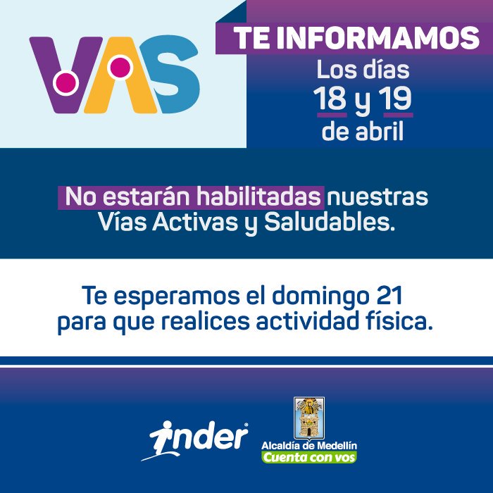 INDERMEDELLIN's tweet photo. 🚨 #Atención 🚨

📢 Estas son las novedades de nuestras Vías Activas y Saludables durante Semana Santa. Los tramos estarán habilitados los días martes (nocturna) y domingo, y NO prestarán servicio el jueves y viernes. 🚴‍♂️

🔃 Comparte esta información. #ContamosConVos https://t.co/eef4GlOg4f