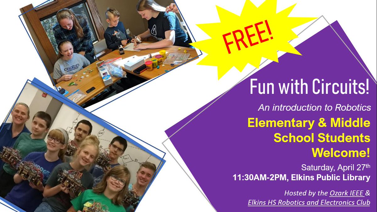 ElkinsRobotics's tweet photo. You enjoyed it in the fall, so we brought it back; we have another introductory section on robotics! Stop by the Elkins Public Library on April 27 between 11:30-2:00 for a little lesson in robotics with @OzarkIEEE and the Elkins Robotics/Electronics Club! Hope to see you there! https://t.co/4AoQ94a8EM