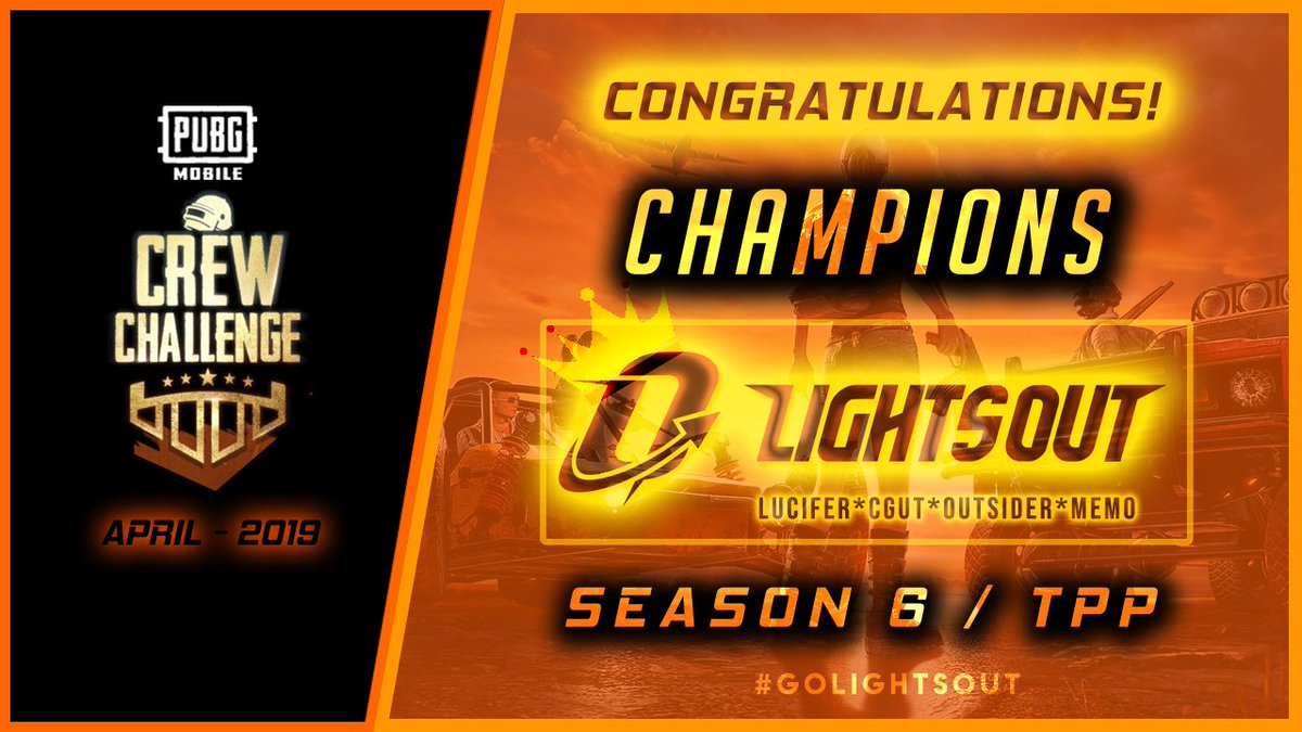 Pubg Mobile Updates (@updatespubg) on Twitter photo Congratulations to the <a href="/PUBGMOBILE/">PUBG MOBILE</a> Season 6 North American Crew Challenge (TPP) Champions March/April 2019 <a href="/LO_Esports/">Lights Out</a> <a href="/t_cgu/">CguT</a> @LuciferVuitton_ <a href="/Outsider9k/">JH</a> @LOxMemo 🏆Good luck with Phase II of #PMCO2019 #PUBG_MOBILE Congratulations to the <a href="/PUBGMOBILE/">PUBG MOBILE</a> Season 6 North American Crew Challenge (TPP) Champions March/April 2019 <a href="/LO_Esports/">Lights Out</a> <a href="/t_cgu/">CguT</a> @LuciferVuitton_ <a href="/Outsider9k/">JH</a> @LOxMemo 🏆Good luck with Phase II of #PMCO2019 #PUBG_MOBILE