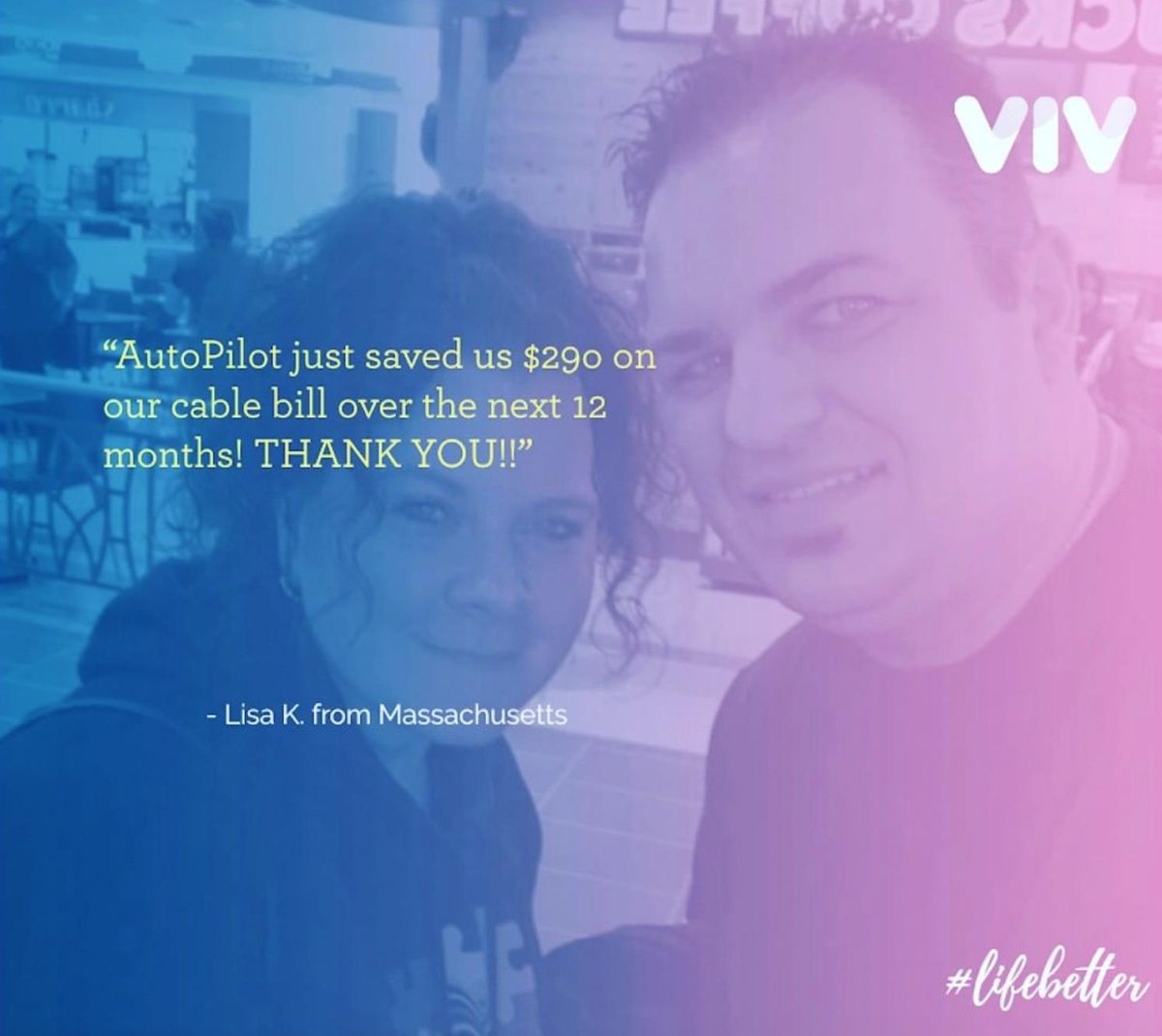 vivnetwork's tweet photo. Know anyone who enjoys #spendingmore on their #monthlybills?
Americans are spending 40% more on cable than 9yrs ago!
We're overpaying on our bills by a whopping $60 million annually!
Why not let Viv save you some money, just like we did for our customer, Lisa in #Massachusetts! https://t.co/JWxQBv7zvO