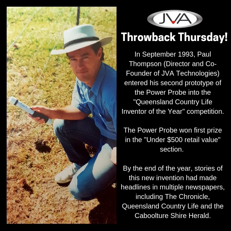 Throwback Thursday!
A little bit of history on one of our most popular products, the Electric Fence Power Probe (now also known as the Fault Finder). 

#JVA #ElectricFencing #PowerProbe #FaultFinder #FenceFaults #InventorOfTheYear #History #ThrowbackThursday #NoShocks