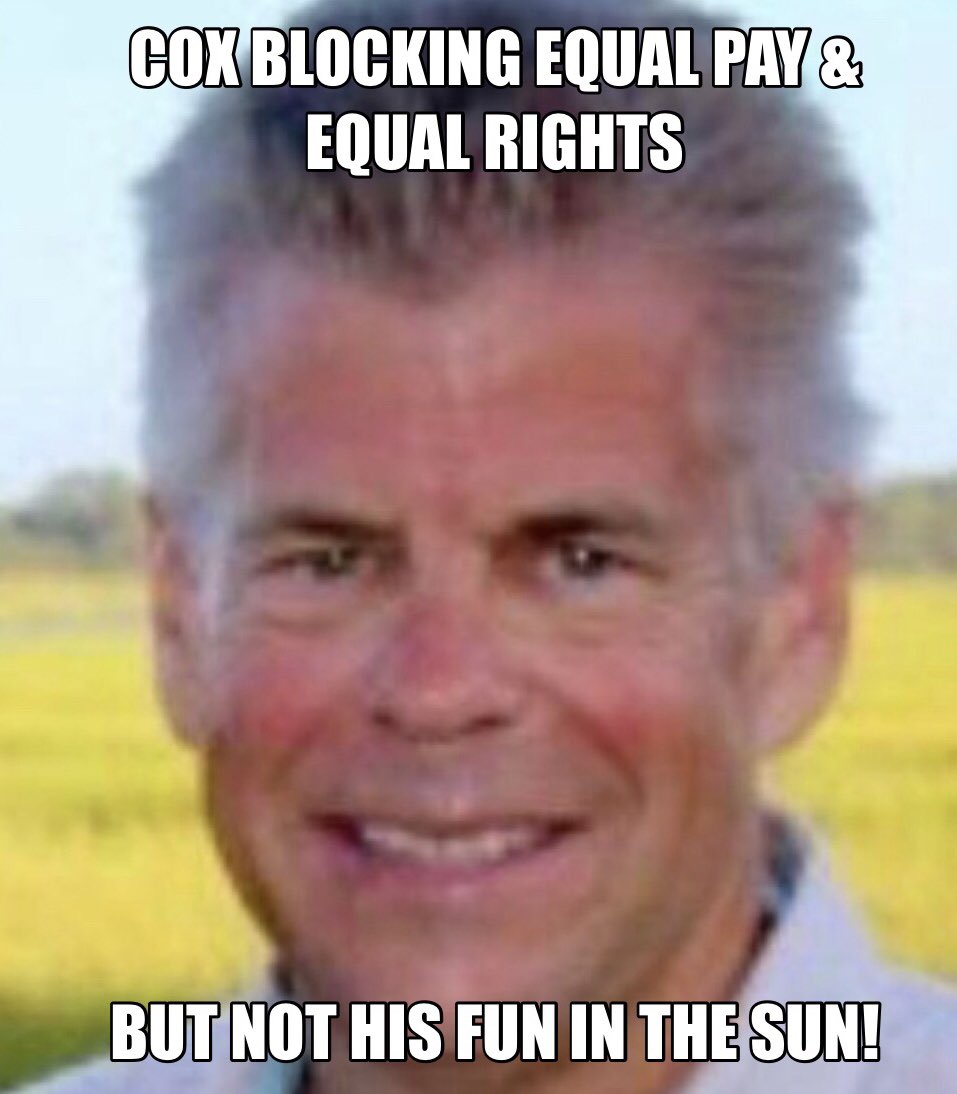 ehartman1975's tweet photo. Women work 2 hours more per day to make the same as a man.
@SpeakerCox spends 2 hours more per day in the sun.
He blocks equal pay, but forgets his sun block.
#VoteHimOut #VoteCoxOut #CoxBlocking
Donate to @sheilaforva here!
https://t.co/L62H1o1e01 https://t.co/mtSSSkcpNV