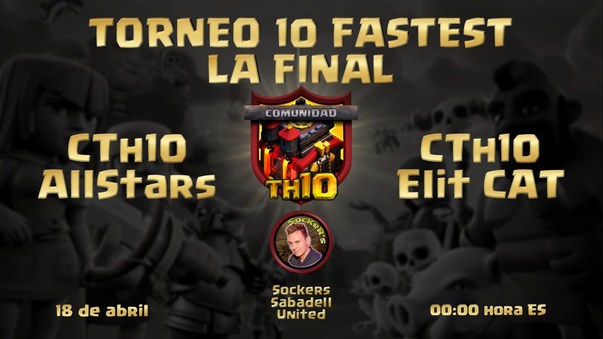 GRAN FINAL!!!!🎉🎉🎉
Jueves 18 Abril
00:00H Spain

Llegamos por fin a la gran final del TORNEO 10 FASTEST!!!♥️
Los mejores jugadores d th10 de la comunidad de guerra se van a disputar esta gran final!!!🔥
Lo podrás ver en mi canal:
👉youtube.com/channel/UCfgXf…
<a href="/ComunidadTh10/">Comunidad TH 10 🔝</a> 
RT🔁