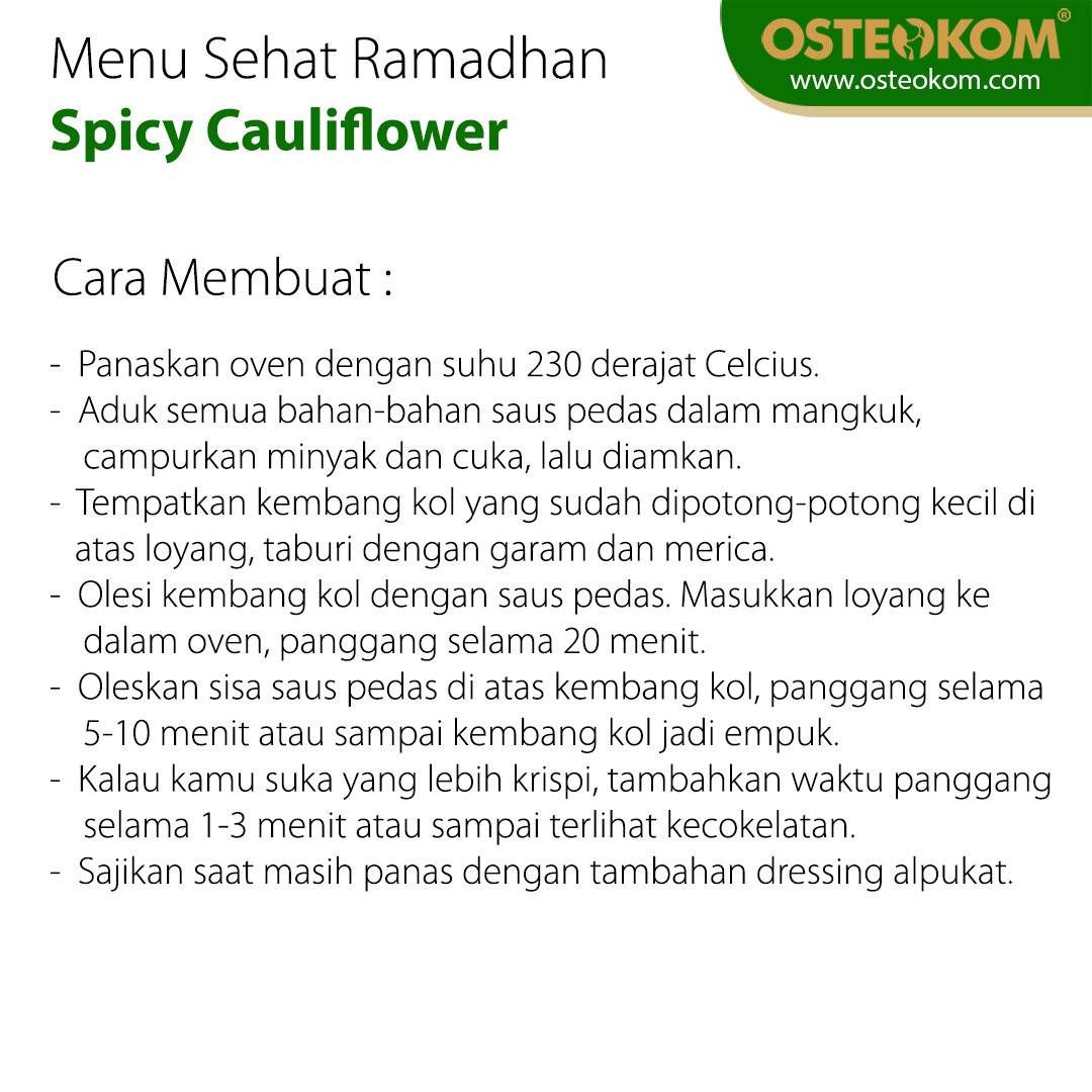 Osteokom_Lapi's tweet photo. Happy morning sahabat Osteokom! Gak kerasa beberapa minggu lagi ramadhan akan datang! Nih Osteokom bantu solusi makan sehat kamu dengan resep kembang kol saus pedas. Selamat mencoba!

#instafood #foodgasm #foodphotography #yummy #foodlover #kitchen #lunch #taste #health #recipe https://t.co/2jE70oW1I1