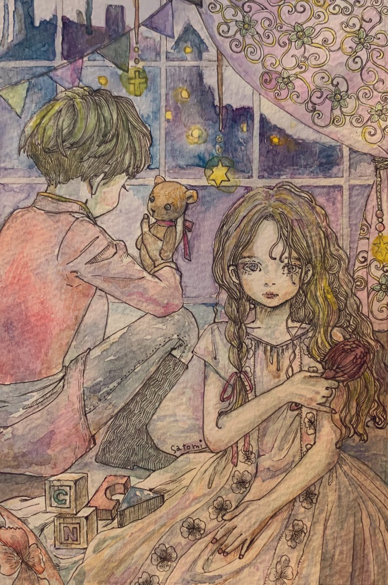 「子ども部屋の来客」

すぐに出発すると言い出した。

服を着替えたいの。
少女の言葉に王子は眉をひそめていたが、出かかっていた言葉を飲み込んだようだった。
溜息と同時にドカリと腰を下ろし足元に転がっていた玩具に手を伸ばした。こうしているとただの子供に見える。

#aaagallery
#ペン画 