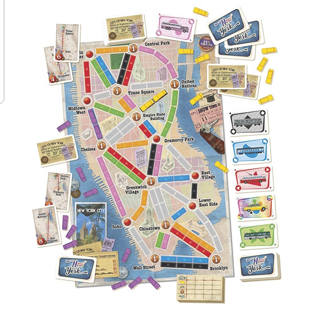 GamersGoldfinch's tweet photo. Own this fast #tickettoride game set in NY definitely getting the new London one if only just to drive the bus pieces and say vroom, vroom. #setcollection #routes #trains #daysofwonder https://t.co/b8TbEjRPwT