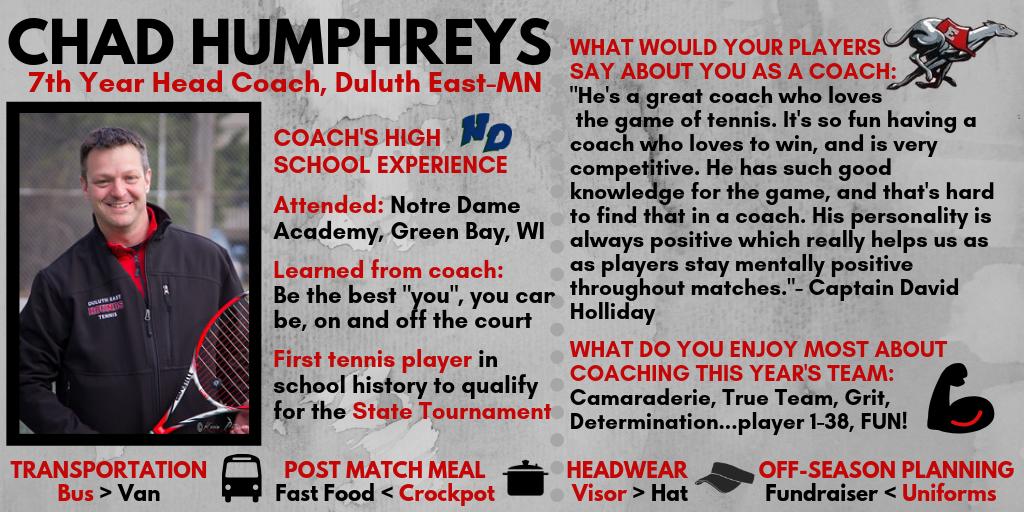 Meet the Tennis Reporting Featured Coach of the Week from Minnesota-Chad Humphreys head coach at Duluth East! The Greyhounds are currently 7-1 on the season and you can continue to follow their results here tennisreporting.com/reports/?Schoo…
<a href="/houndsboys10s/">DuluthEastBoysTennis</a> @DEastFan <a href="/NDAmenstennis/">NDA MEN'S TENNIS</a>