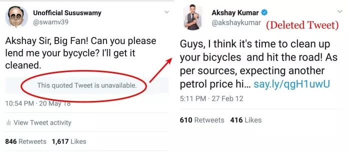KeralaKnights's tweet photo. #AkshayKumar  deletes old tweet on ‘cleaning up bicycles’ to counter rising fuel prices🤣🤣🤣

Prominent Bollywood stars who are silent now include Amitabh Bachchan who has not cracked any petrol joke after 2014.😂😂😂

#ChowkidarChorHai #AkshayInterviewsModi https://t.co/RBTyitvuX5