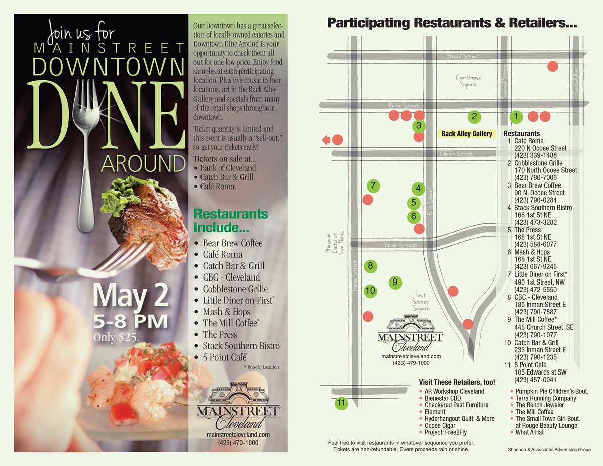 MainstreetCleve's tweet photo. Downtown Dine Around is May 2!  Tickets on sale now at Cafe Roma, Catch Bar &amp; Grille, &amp; Bank of Cleveland main office. https://t.co/G72ISEelvV
