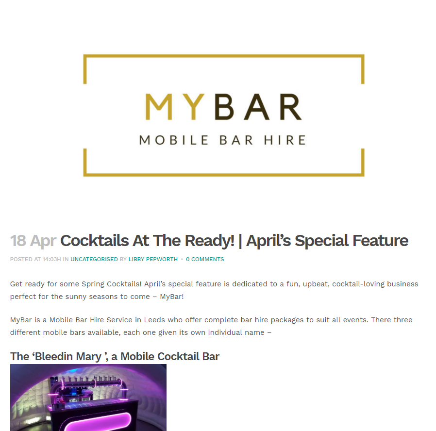 Thank you Listed Leeds for having us as your special feature this month! Read the article dedicated to us at MyBar by clicking here! ➡️ bit.ly/2GpmOoh #MobileBarHire #Leeds