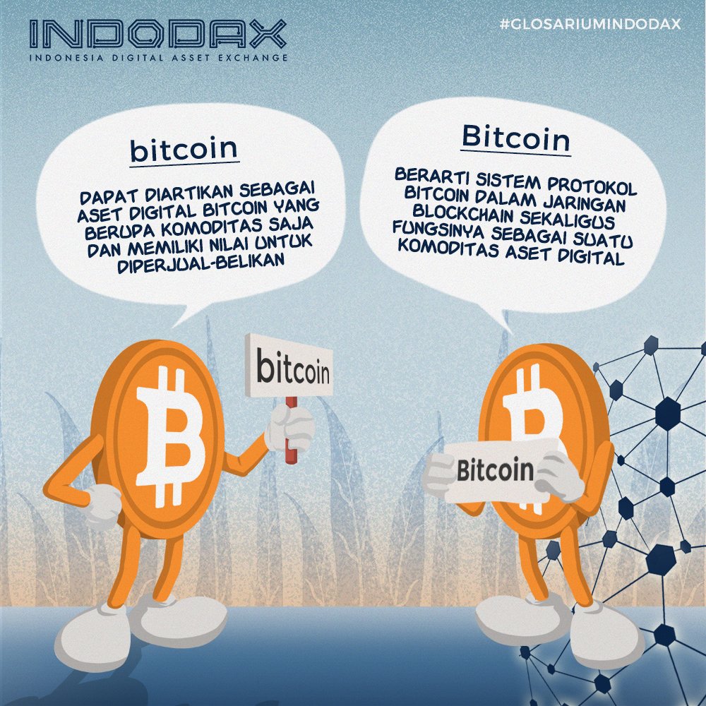 Apa sih perbedaan bitcoin dan Bitcoin? bitcoin tanpa huruf kapital berarti  aset digital bitcoin berupa komoditas saja dan memiliki nilai untuk  diperjual-belikan Bitcoin dengan huruf kapital adalah sistem protokol  Bitcoin dalam jaringan