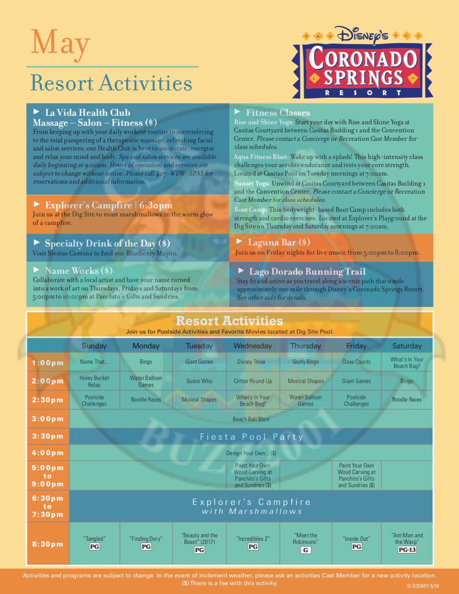 Buzz2001's tweet photo. May 2019 Recreation Calendar. Drink of the month, new yoga and boot camp classes and more.
#CoronadoSprings #CoronadoSpringsResort #CSRBuzz https://t.co/6zrAL2pdsY