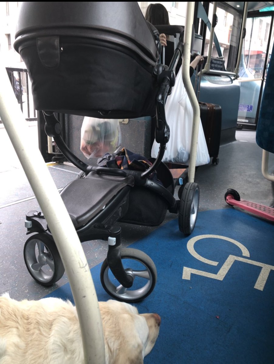 BlindDad_Uk's tweet photo. Got on the bus &amp; had to stand by the exit doors as it was busy. Bus driver refused to drive on until I had sat down &amp; eventually someone took their shopping off the seat. Passengers were annoyed that Kika kept moving, but this was due to a pram that didn’t have its brakes on. https://t.co/IXLsdch3tO