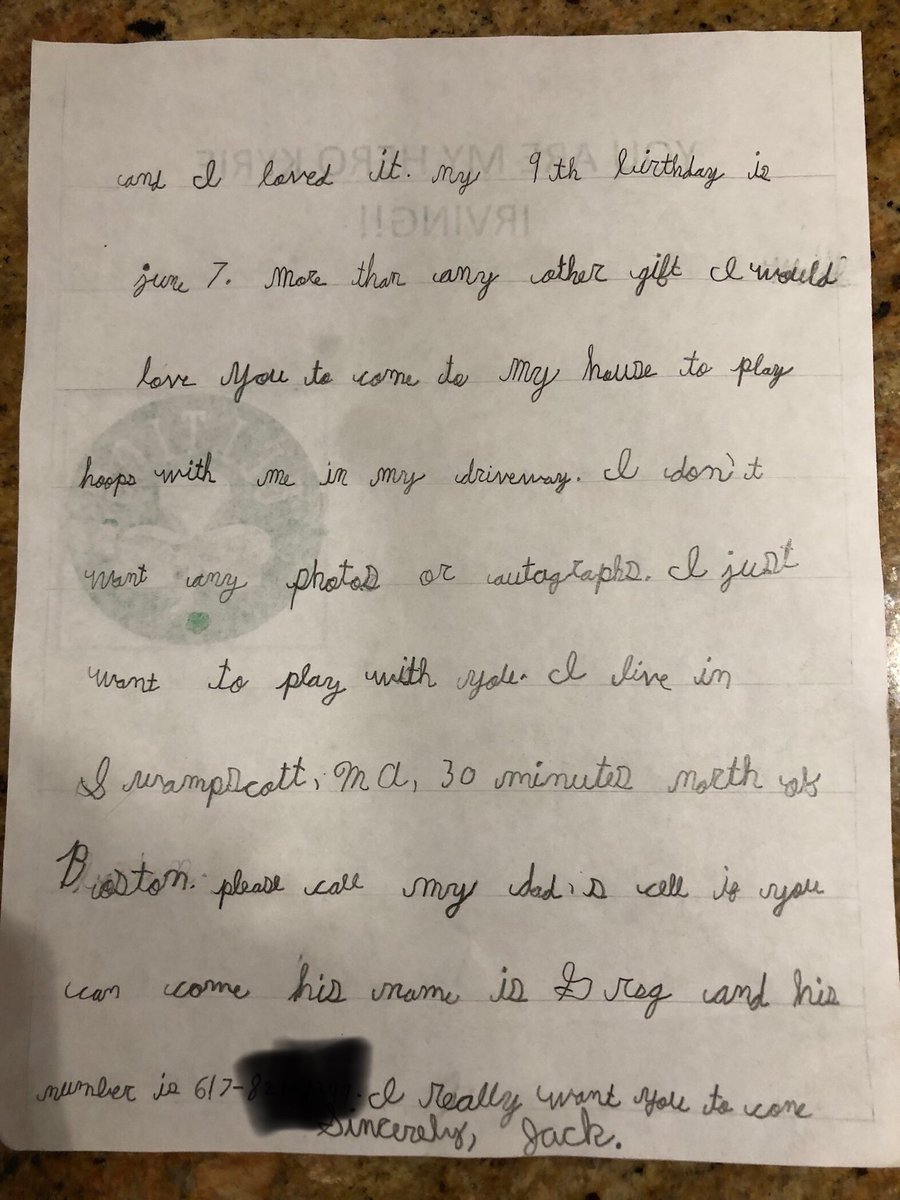 GregLeidner's tweet photo. Hey ⁦@KyrieIrving⁩ ⁦@celtics⁩ !  My 8-year old son spent about a week using his absolute best penmanship to invite Kyrie over for hoops in the driveway.  He did it Rocky/Apollo Creed style. No cameras, no autographs. Plz make my son’s dream come true after playoffs! https://t.co/3RPJG0Y3gR