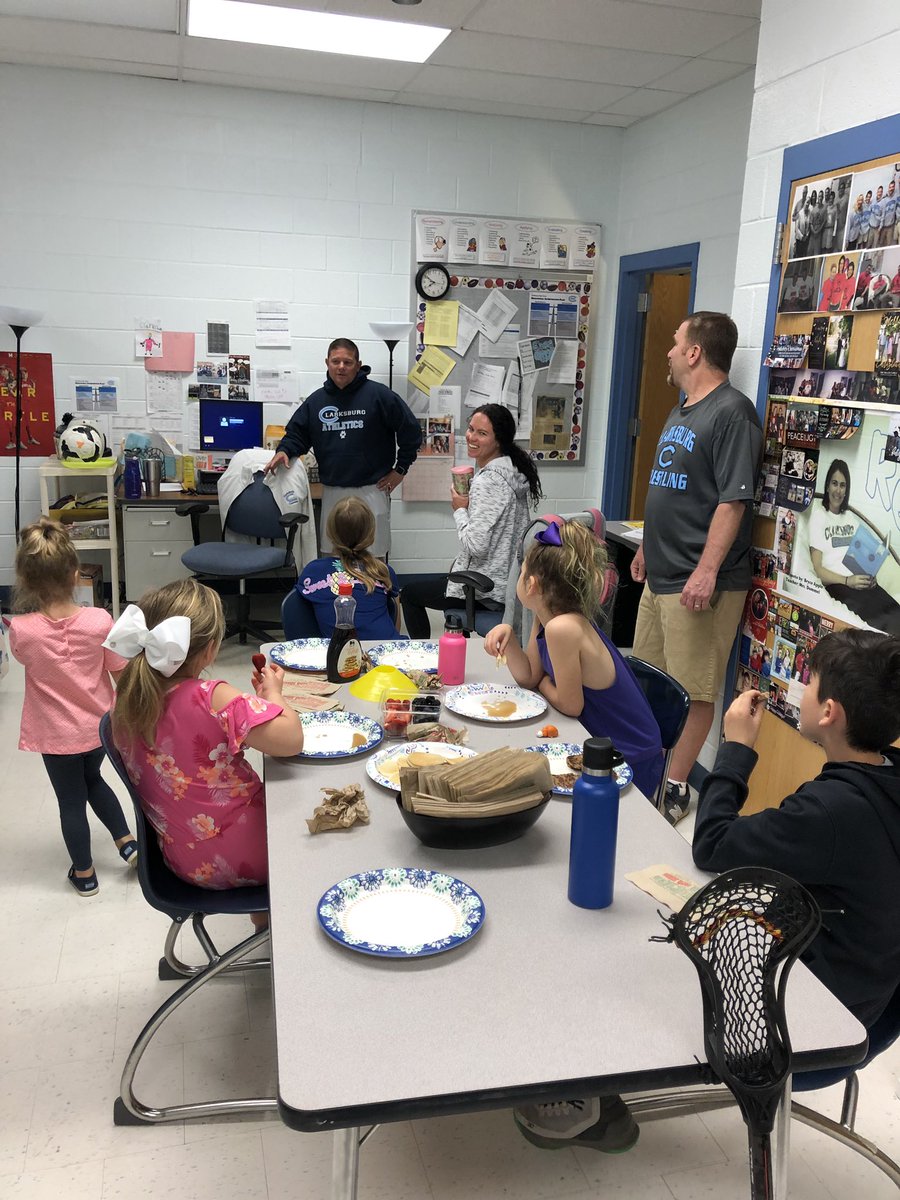 CburgKines's tweet photo. Let the games begin! ⚽️🏀🏈🎾🏐🏉🥏🥍🏑🏒🏸🏓🏏🥎🥅 But not before a pancake/egg/fruit breakfast and Mr. Derrick telling dad jokes. more PE kids are coming😃 #greatestjob #takeyourchildtoworkday https://t.co/XZZBTxTOaF