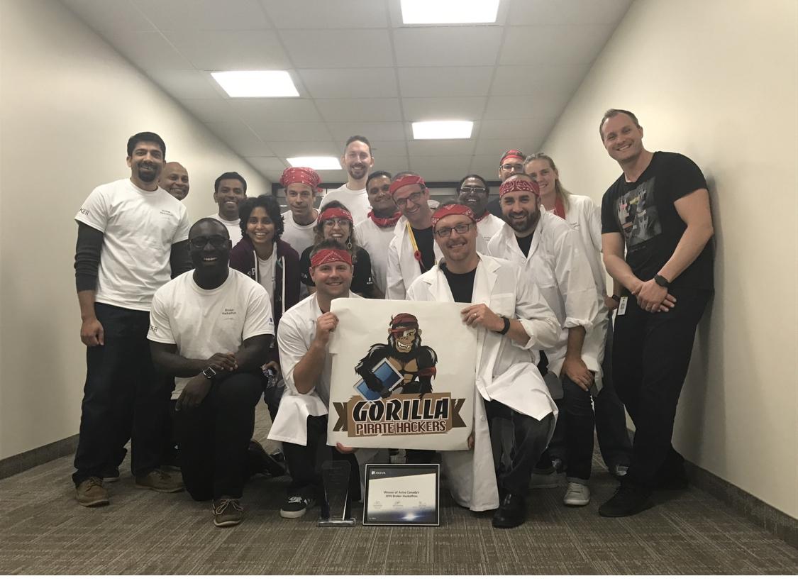 jroy5's tweet photo. An idea I pitched at the @AvivaCanada 24 hour Broker #hackahton that our team, The Gorilla Pirate Hackers won the competition with has now helped lead to the Aviva Ally product. We built a minimum viable product in 24 hours that worked #MVP https://t.co/rzuwF0JwRD https://t.co/psLF4p1Cca