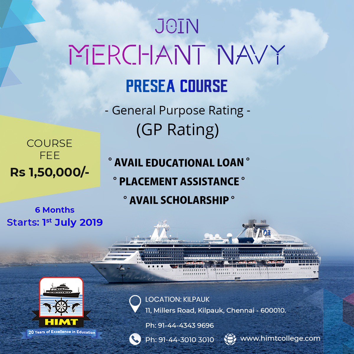 himt_marine's tweet photo. JOIN MERCHANT NAVY! General Purpose(GP) Rating course starts 1st July 2019. Call 044-3010 3010/3010 3011. 

Avail Scholarship, Educational Loan &amp; Placement Assistance
Visit https://t.co/oeW1x60ExY for more details.

#himtcollege #careercollege #marinecourses  #mariners #GPRating https://t.co/zyGWfVuNTi