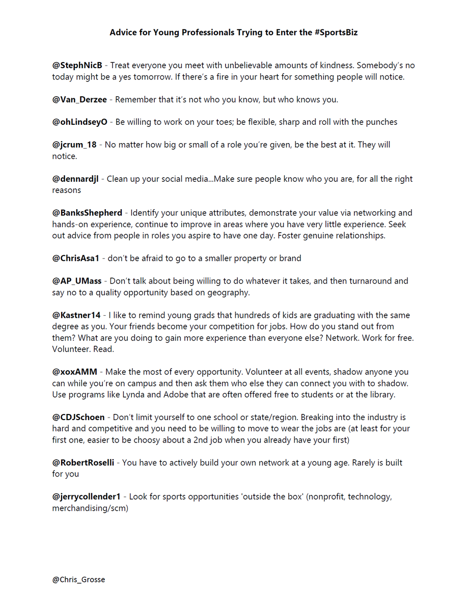 I asked colleagues what advice they had for young professionals looking to break into the #SportsBiz. 

👇A great roadmap to success in the industry emerged 👇