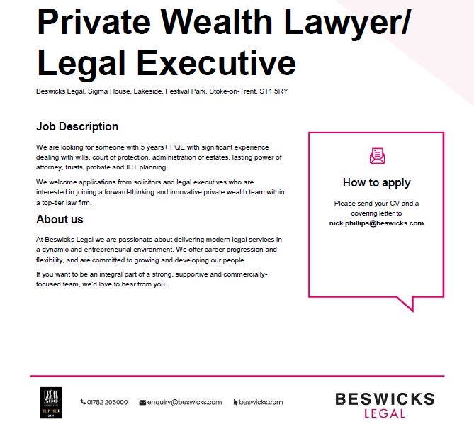 If you share our passion for delivering outstanding legal services and have significant experience dealing with wills, court of protection, administration of estates, lasting powers of attorney, trusts, probate and IHT planning, we've got just the job for you. #recruitment