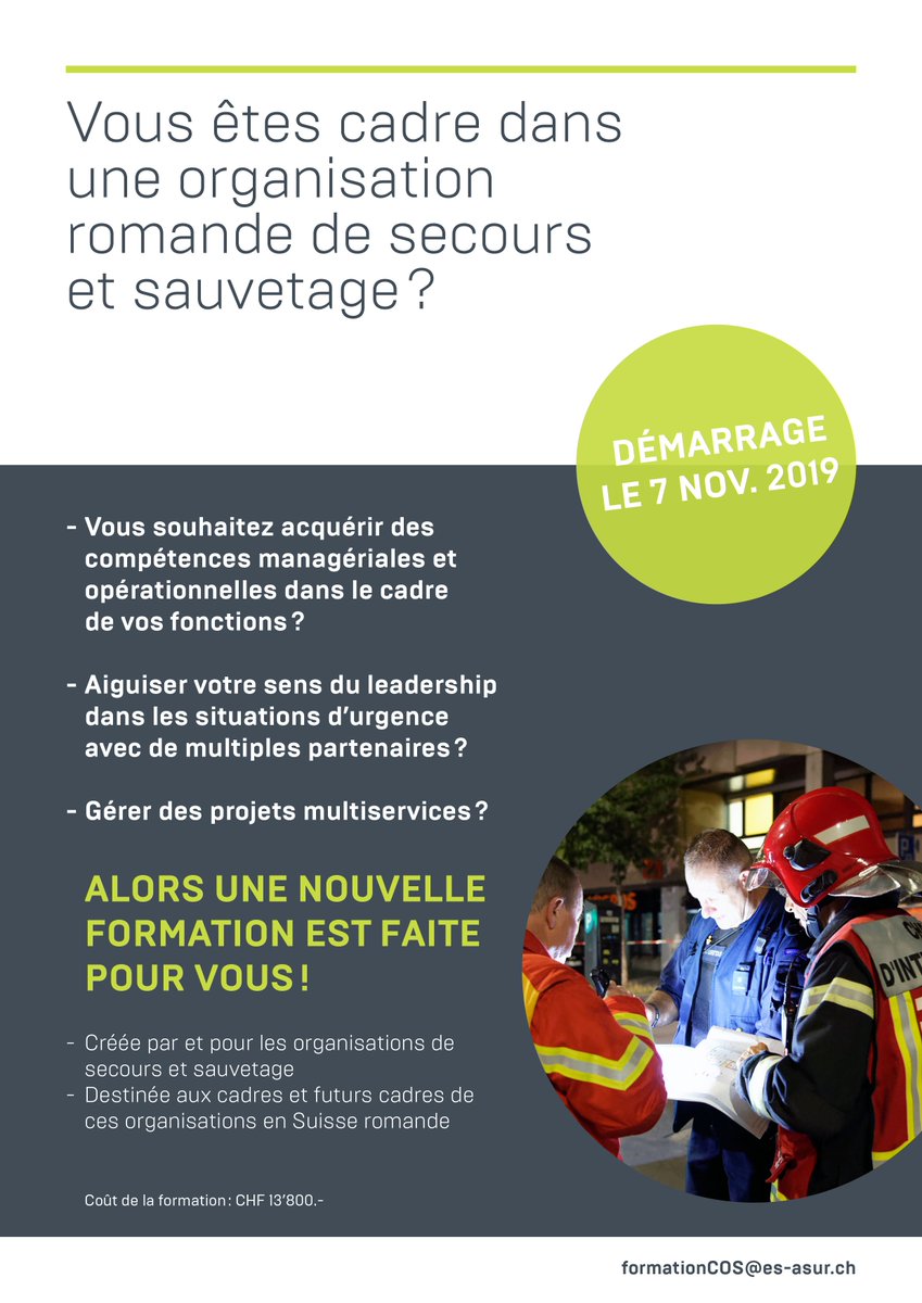 ES_ASUR's tweet photo. NOUVELLE FORMATION :
Filière de préparation à l’examen professionnel supérieur de diplôme de cadre des organisations des secours
 - Créée par et pour les organisations de secours et sauvetage
 - Destinée aux cadres et futurs cadres de ces organisations en Suisse romande https://t.co/xBQ0g59ZDX