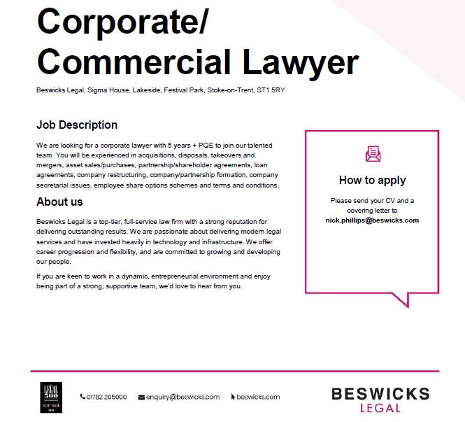 We're adding to our team! If you are a talented corporate/commercial lawyer, get in touch. #recruitment #corporatelaw
