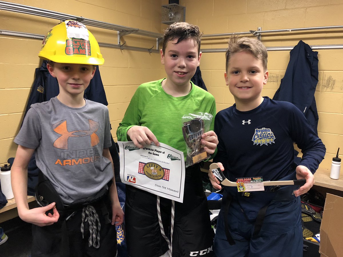 AvalonAtomAS's tweet photo. Early morning Game 1 win over the Cee Bee’s 6-4 in the Atom A mega @HkyNL .  #66 Captain Cole with the #CelticPride #10 Whelan with the POG and #11 Best with the Hardest Worker! Game 2 vs Corner Brook at 1230 pm. https://t.co/zEUR8PZKEb