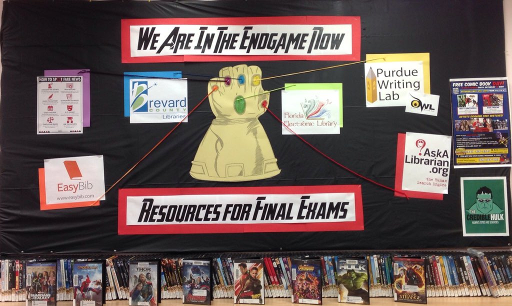 BrevLibraries's tweet photo. We are in the endgame now. Check out all these great resources to get you final exam ready! #finalexams #library #marvel #endgame #avengersendgame #brevardlibrarycon https://t.co/r1XrFod67Z