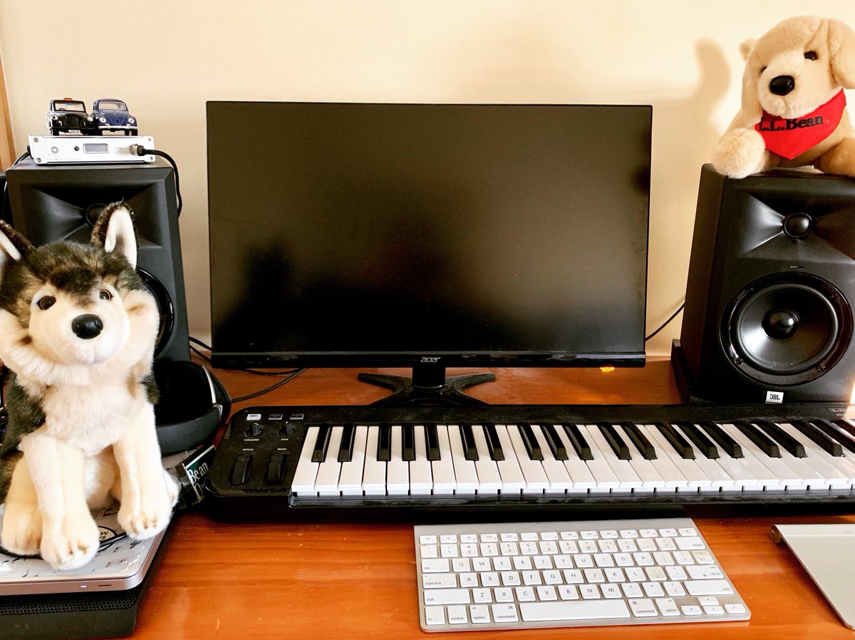 Orchestorm's tweet image. Who are we to deny stuffed animals a place on a composer’s workstation? #composer #composerformedia #musicproducer