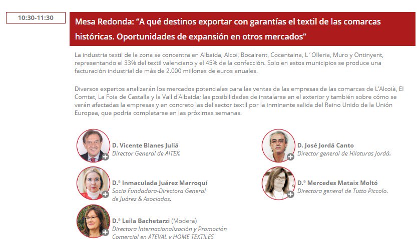 ImpulsoExterior's tweet photo. El programa de #IMEXAlcoy se estrena a las 🕐10:30 horas con la mesa redonda “A qué destinos exportar con garantías en textil de las comarcas históricas. Oportunidades de expansión en otros mercados”.
Con la participación de @JuarezyAsoc @aitex_es #hilaturasjorda #tuttopiccolo https://t.co/mMUUR6AFwS