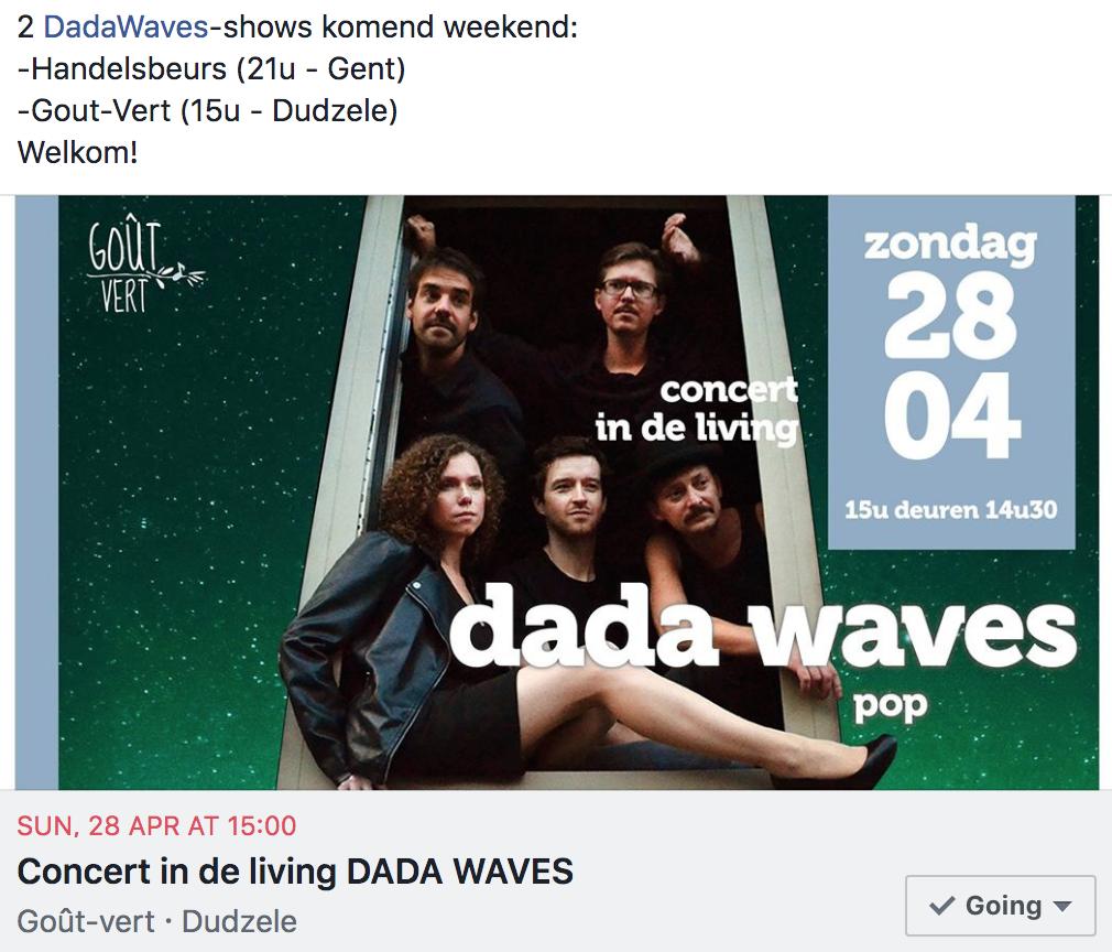 DadaWaves's tweet photo. 2 @DadaWaves shows komend weekend: @Handelsbeurs (Kraakpand - 21u - Gent) &amp; Gout-Vert (15u - Dudzele). Welkom! https://t.co/8Bas7BZHvG
