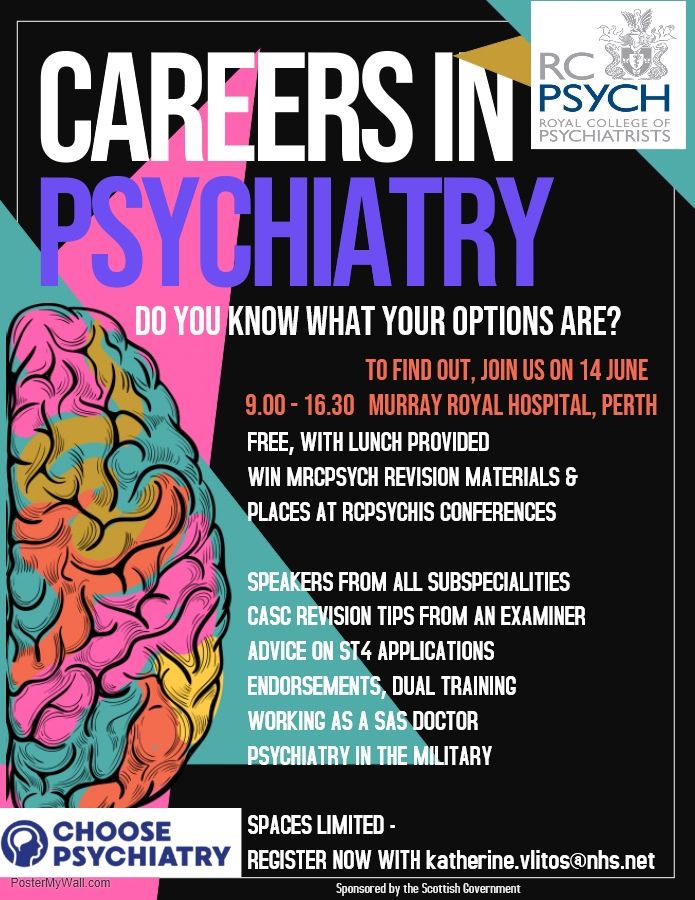 RCPsychScot's tweet photo. Intrested in a career in psychiatry?
Do you know what your options are?

Join us on 14 June, at Murray Royal Hospital, #Perth to find out more! 
#choosepsychiatry https://t.co/88G1SMqHIc