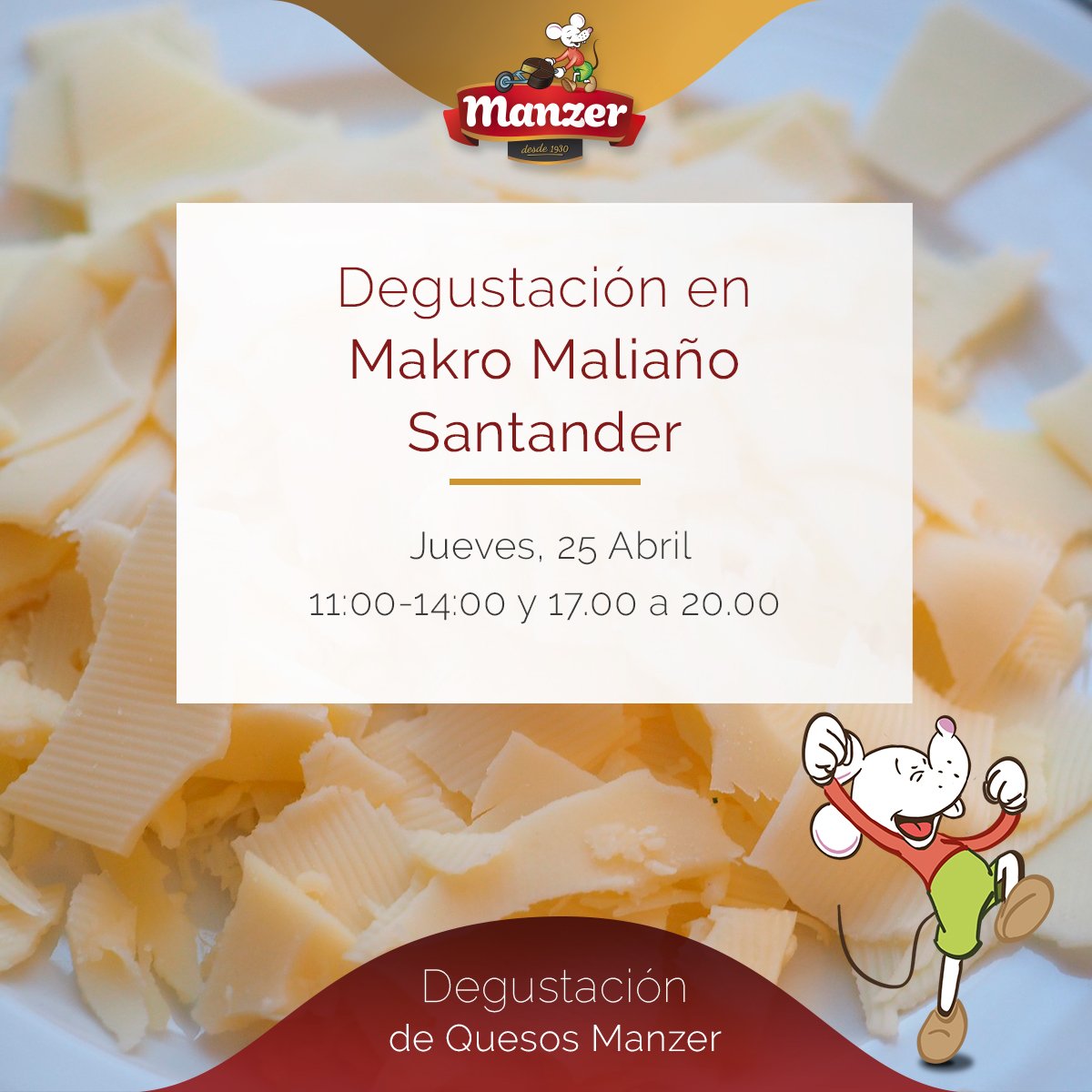 QuesosManzer's tweet photo. ¡Hoy!  Degustación #QuesosManzer 
¡No faltéis roedores! ¡Os esperamos en Makro Maliaño  en #Santander! 
📍 Makro Maliaño
 📆 29 de marzo 
 🕐 De 11.00 a 14.00 y de 17:00 a 19:00 horas https://t.co/Grc7m82q3s