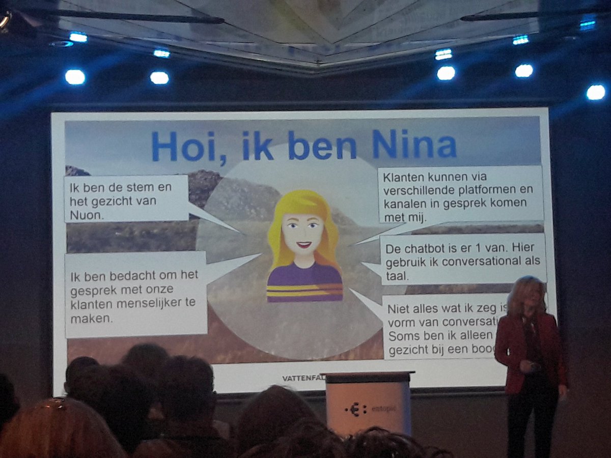 freelancefirm's tweet photo. Chatbot Nina wordt door medewerkers van @VattenfallNL al als collega beschouwd. Hun missie: digital with a human touch. Via @JorissaNeut bij #chatbot19 https://t.co/7b34OgVgL8
