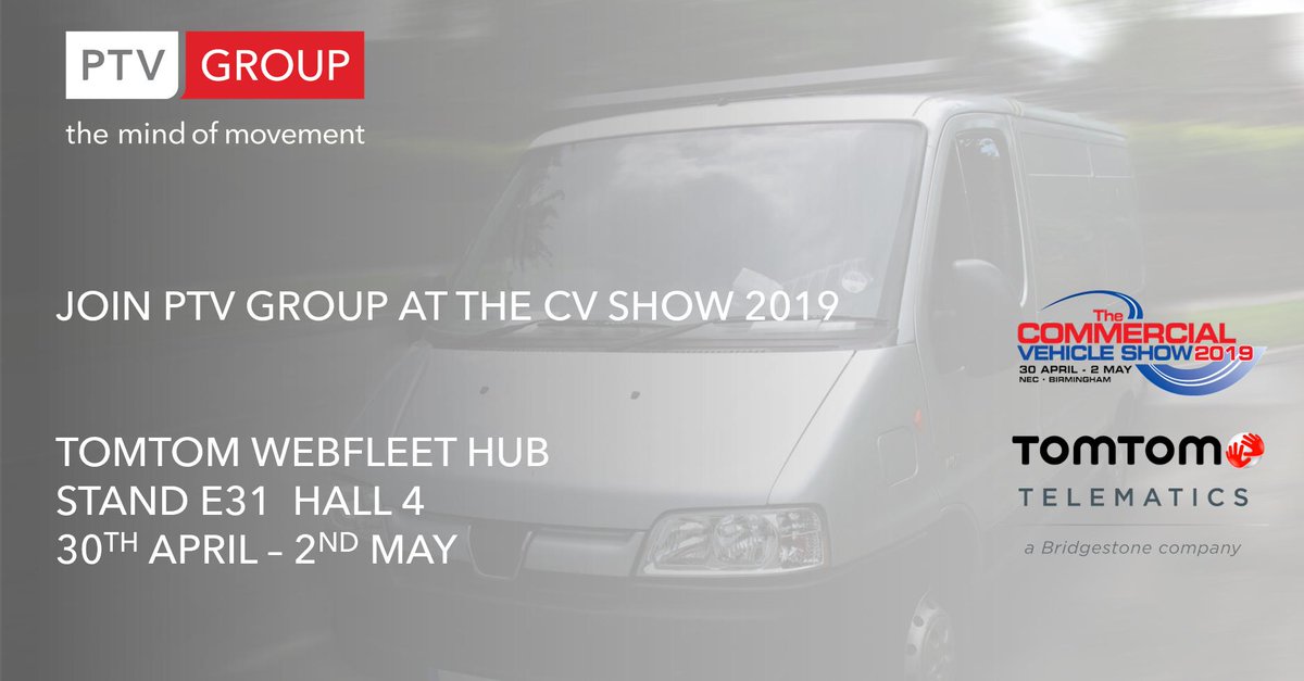 PTV_Group_UK's tweet photo. Join PTV Group at The Commercial Vehicle Show 2019: https://t.co/JTcYQhWcZc…

You will find us located in the TomTom WebFLEET Hub, Hall 4, Stand E31. We look forward to seeing you there!
#themindofmovement #ptvgroup #routeoptimisation 
#planningtoexecution #commercialvehicles https://t.co/BKW0BbtF6T
