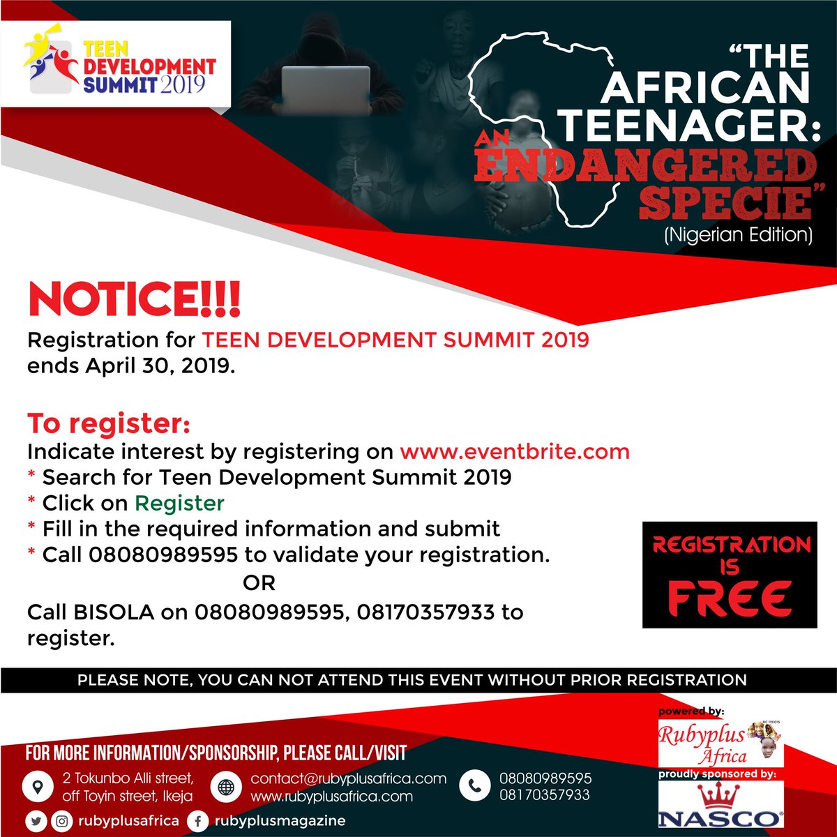 rubyplusafrica's tweet image. As the 2019 edition of the Teen Development Summit draws closer, please take note 👇🏿

#tds2019 #TeenDevelopmentSummit2019