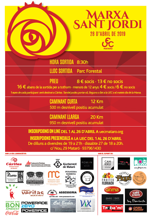 esportmataro's tweet photo. 24a edició de la caminada popular Marxa Sant Jordi, diumenge 28 d’abril, sortida a les 8.30h des del #ParcForestal #Mataró #EsportMataró Mou-te amb Cor #Solidaritat #hàbitsaludables https://t.co/dsFt0SZ5SJ https://t.co/PM5aQOiLYC