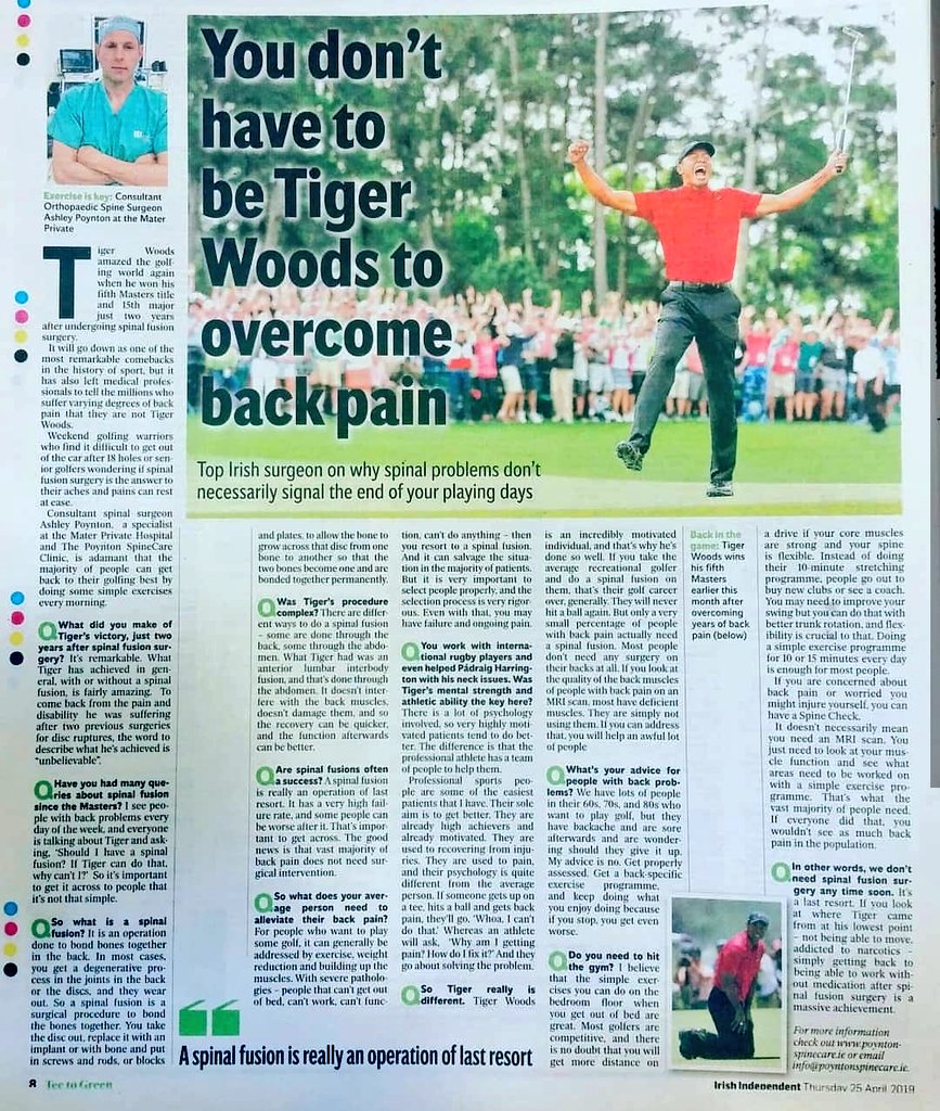 poyntonspine's tweet photo. Check out today's Irish Independent for an interview with Mr Ashley Poynton Spinal Surgeon. @Independent_ie @IndoSport
#spine #spinesurgery #spinefusion #golf #tigerwoods #masters #rehab #physiotherapy #physio #irishindependent #exercise #movement https://t.co/EkuhmBiLUu