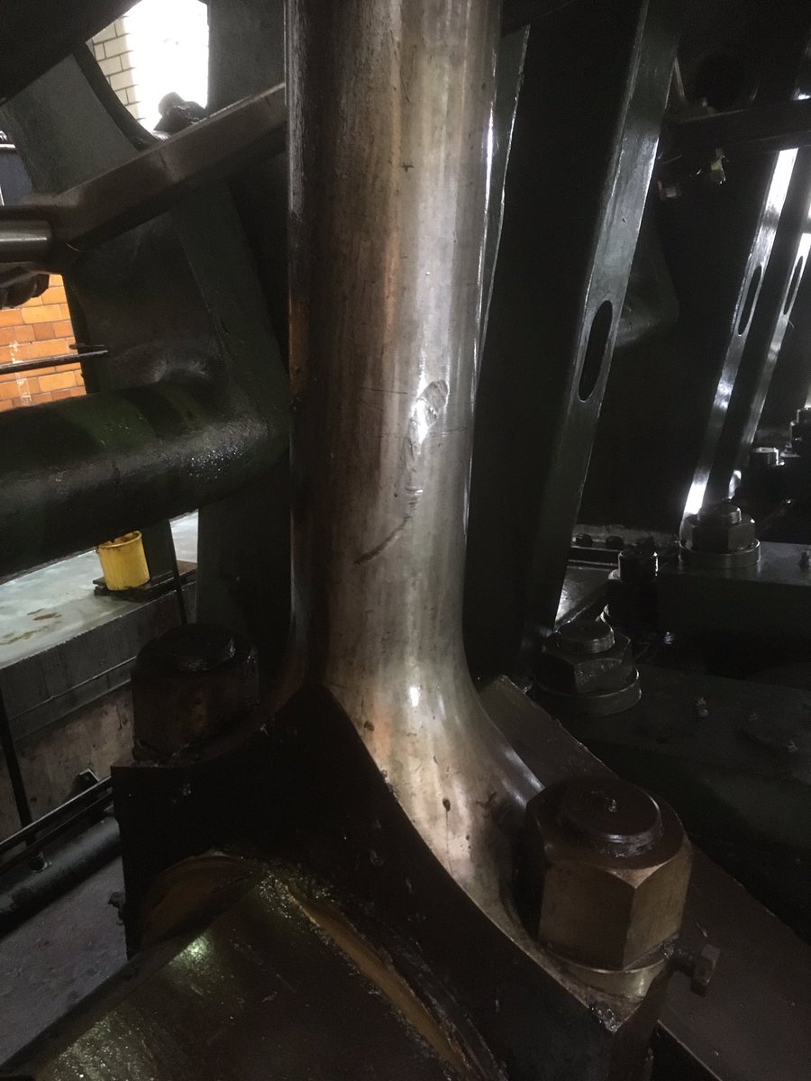 EdFosterEng's tweet photo. This is historic damage to the number three cylinder connecting rod on the #riverdonengine on @ironworkthursday @KelhamIsland it happened years ago in industry before it’s time in the museum. Ouch! https://t.co/VlQyU72gKy